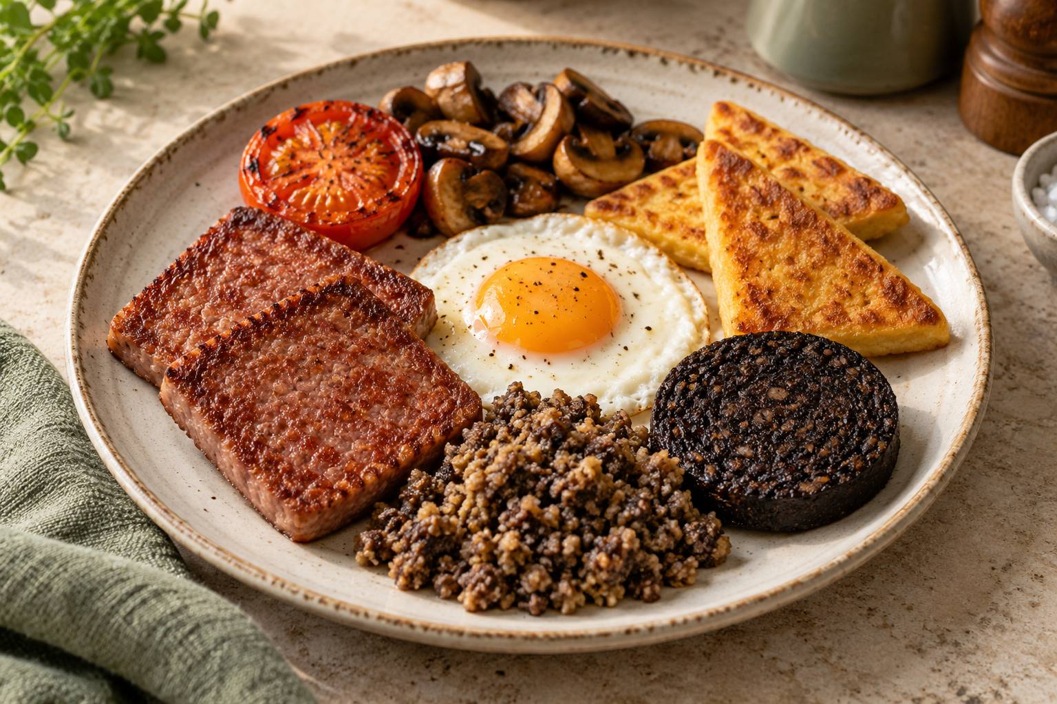 Serving suggestion of square sausage, haggis, egg, potato scones, black pudding, mushrooms and tomato.