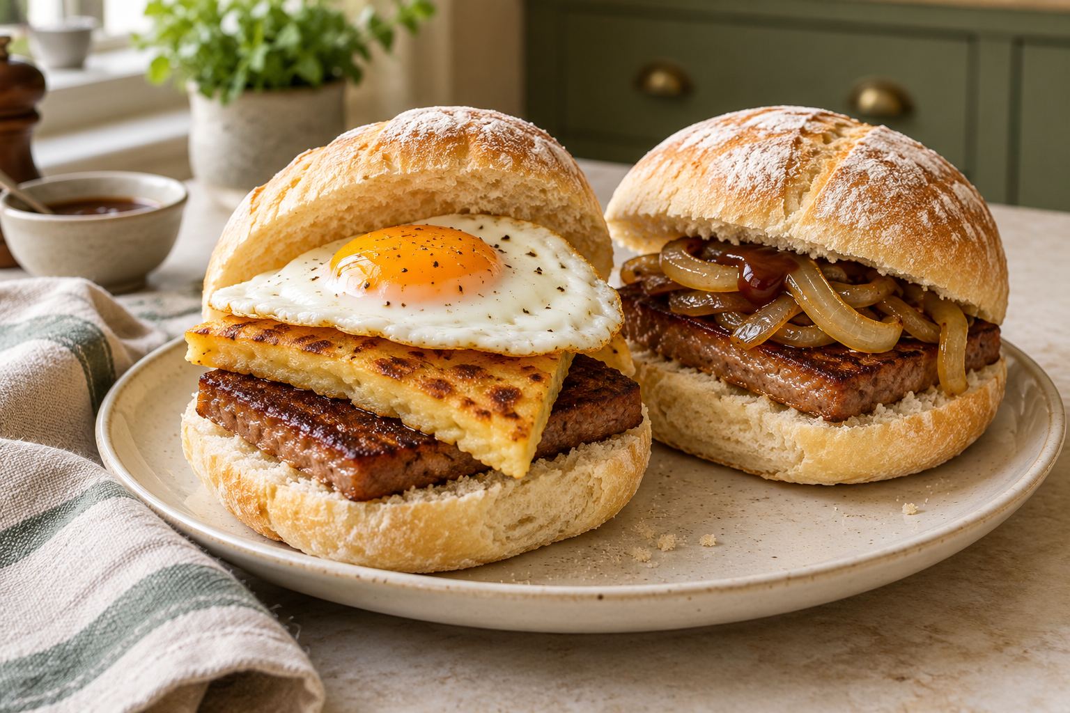 Two morning rolls filled with square sausage, one with egg and potato scone and one with onions and sauce.
