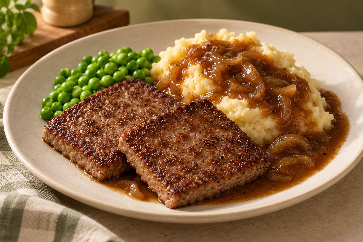 Square Lorne sausage served with mashed potatoes, onion gravy and peas on a cream plate.