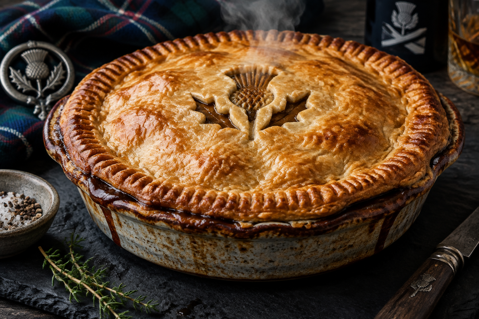 Steak and haggis pie with a pastry lid