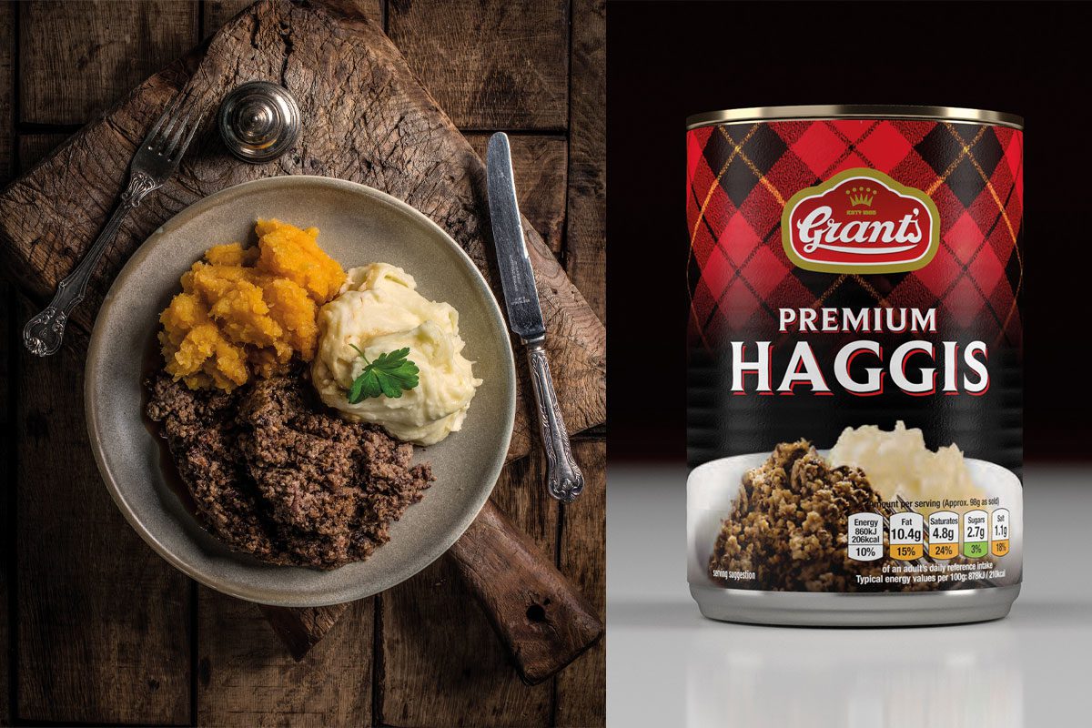 Grant's tinned haggis beside a serving of haggis, neeps and tatties
