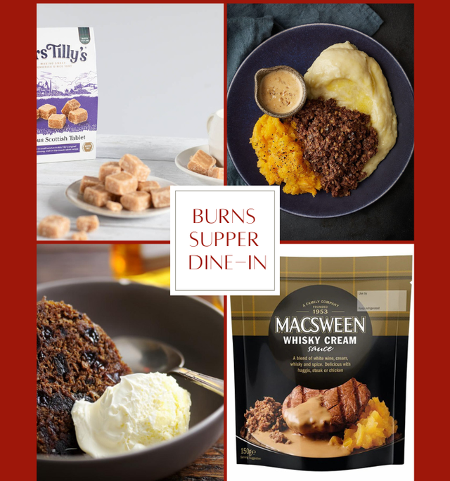 Macsween haggis, neeps and tatties with whisky cream sauce and clootie dumpling for Burns Night