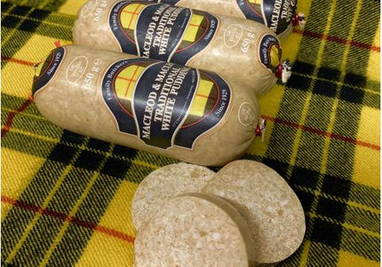 Traditional Scottish white pudding sliced and served for breakfast