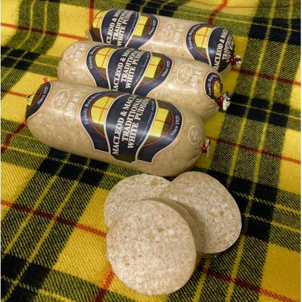 Traditional Scottish white pudding sliced and served for breakfast