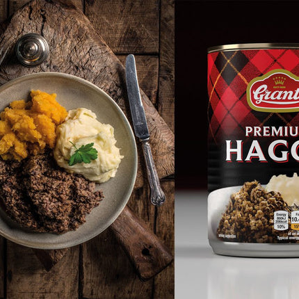 Tinned Scottish haggis in traditional and vegetarian varieties