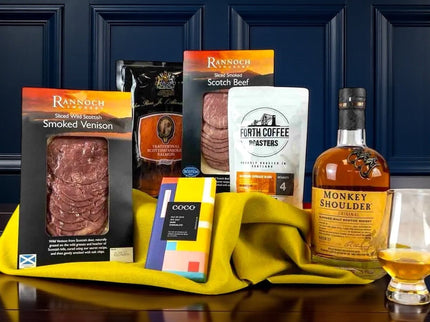 Speyside luxury Scottish hamper with Monkey Shoulder whisky, smoked meats, salmon and artisan treats