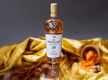 The Macallan 18 Year Old Double Cask whisky ultimate luxury Scottish hamper with artisan shortbread, Dundee cake, tablet and premium wines in luxury gift packaging