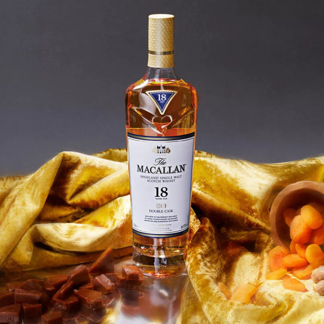 The Macallan 18 Year Old Double Cask whisky ultimate luxury Scottish hamper with artisan shortbread, Dundee cake, tablet and premium wines in luxury gift packaging