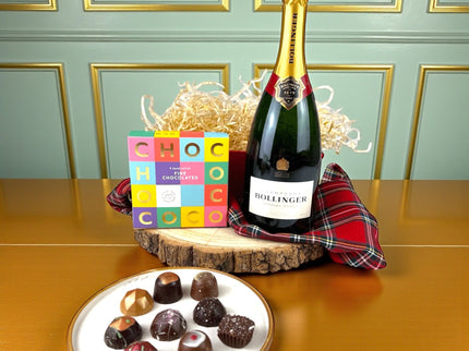 Luxury Champagne and chocolate gift hamper with Bollinger Champagne and artisan chocolate selection box