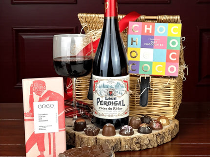 Red wine and chocolate gift box with Côtes-du-Rhône and luxury chocolate selection from Scottish Hampers