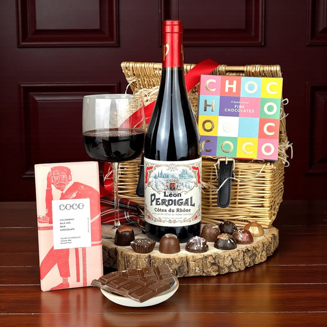 Red wine and chocolate gift box with Côtes-du-Rhône and luxury chocolate selection from Scottish Hampers