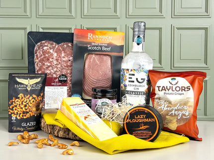 Edinburgh Gin and Snack Gift Hamper with bottle of gin, cheese, salami, crisps and chutney in luxury presentation tray