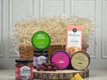 Artisan cheese selection hamper with Isle of Kintyre cheeses, chutneys and oatcakes from Scottish Hampers