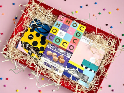 Luxury Box of Treats featuring Scottish tablet, artisan chocolates, Marc de Champagne truffles and salted caramel fudge