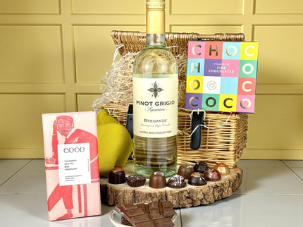 White wine and chocolate gift hamper with Pinot Grigio and artisan chocolates hand-packed in Scotland