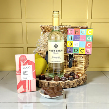 White wine and chocolate gift hamper with Pinot Grigio and artisan chocolates hand-packed in Scotland