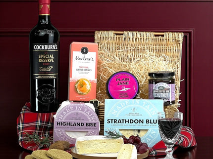 Port and luxury cheese selection hamper with Scottish artisan cheeses, oatcakes and premium Port gift