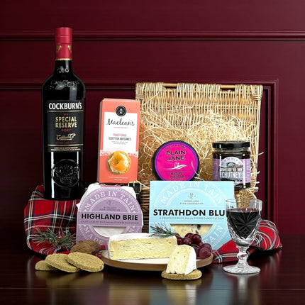 Port and luxury cheese selection hamper with Scottish artisan cheeses, oatcakes and premium Port gift
