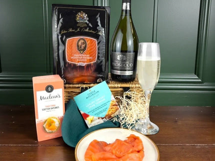 Prosecco and smoked salmon hamper with John Ross Jr salmon, pate and oatcakes in luxury packaging