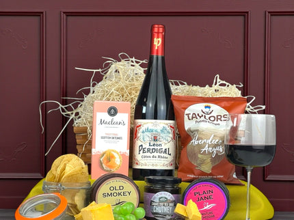 Red wine and cheese gift box with Scottish Isle of Kintyre cheddars, French red wine, oatcakes and chutney from Scottish Hampers