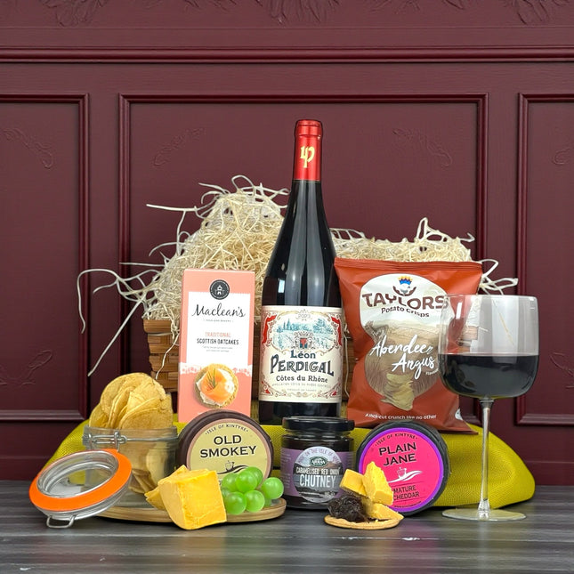 Red wine and cheese gift box with Scottish Isle of Kintyre cheddars, French red wine, oatcakes and chutney from Scottish Hampers