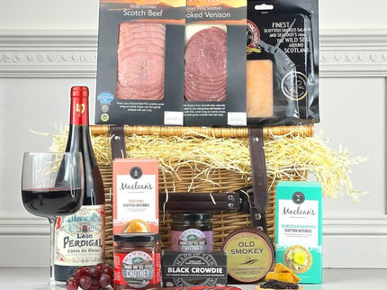 Scottish Feast with Red Wine hamper featuring smoked salmon, venison, artisan cheese, oatcakes and French red wine