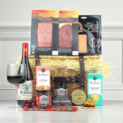 Scottish Feast with Red Wine hamper featuring smoked salmon, venison, artisan cheese, oatcakes and French red wine