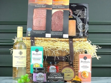 Scottish Feast with White Wine luxury hamper featuring smoked meats artisan cheeses and Sauvignon Blanc wine gift