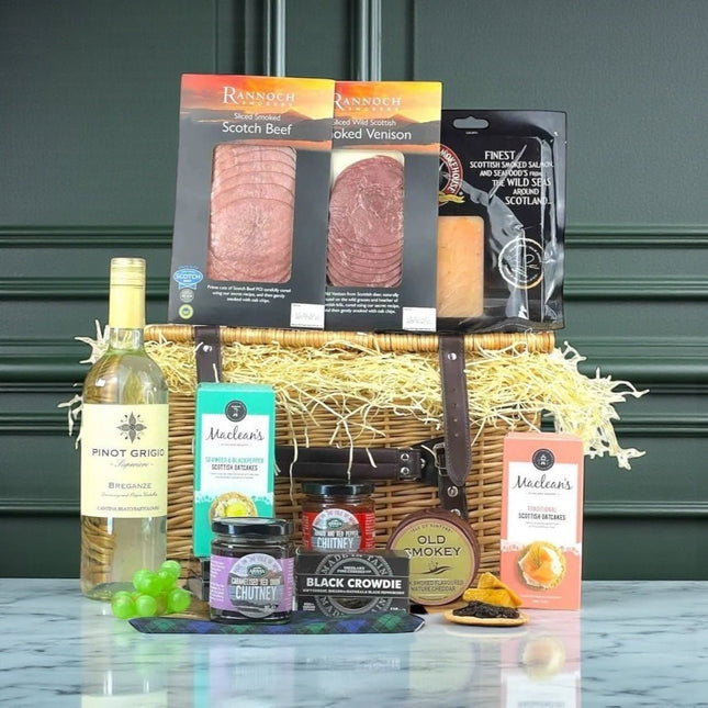 Scottish Feast with White Wine luxury hamper featuring smoked meats artisan cheeses and Sauvignon Blanc wine gift