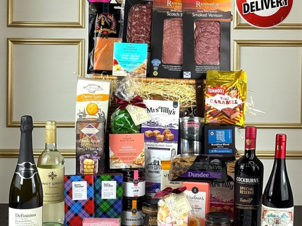 Scottish Grand Gift Hamper with artisan cheeses, smoked salmon, wines, chocolates and traditional Scottish treats in luxury packaging