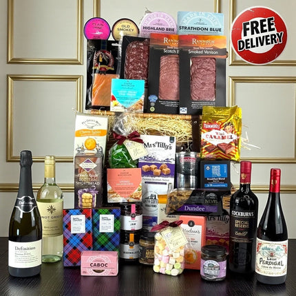 Scottish Grand Gift Hamper with artisan cheeses, smoked salmon, wines, chocolates and traditional Scottish treats in luxury packaging