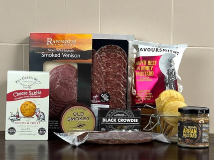 Smoked Wild Venison and Cheese Highland Feast Hamper with Scottish charcuterie, artisan cheese, and gourmet accompaniments
