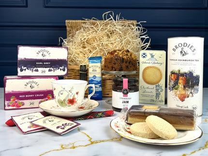 Tea Jenny gift hamper with Brodies teas, Scottish shortbread, Dundee cake and sweet treats