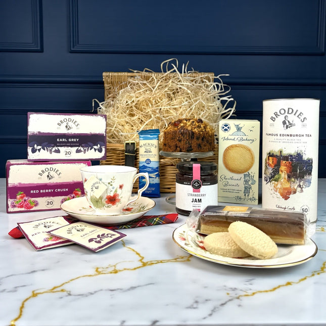 Tea Jenny gift hamper with Brodies teas, Scottish shortbread, Dundee cake and sweet treats