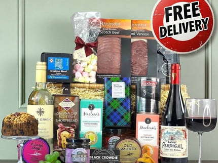 Tiree Gift Hamper with smoked salmon, artisan cheeses, wines and Scottish delicacies hand-packed