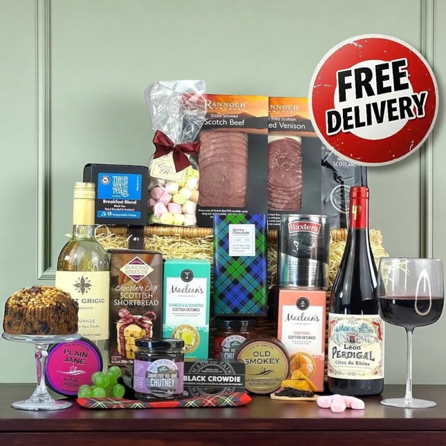 Tiree Gift Hamper with smoked salmon, artisan cheeses, wines and Scottish delicacies hand-packed